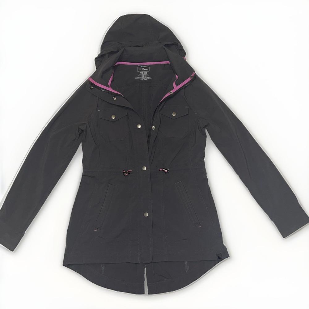 LLBean Womens XXS Gray Utility Jacket Drawstring Waist -Snap -Removable Hood